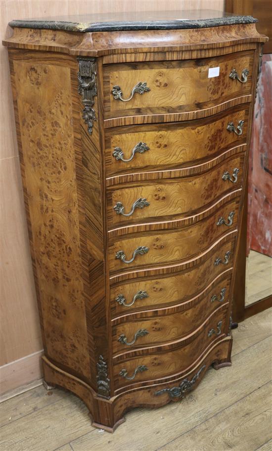 A Louis XV design burr elm tall chest of seven drawers, with marble top